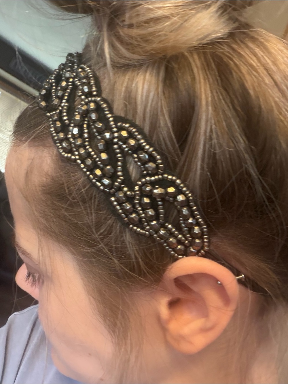 Beaded Black Headband with Metallic Accents